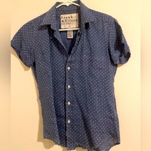 Frank & Eileen Linen Short Sleeved Button Down, Blue w/ White Polka Dots XXS